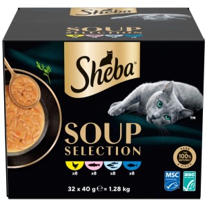 Sheba Soup Selection pâtée pour chat multipack, 32x40g. Chat gris, soupe au poulet, saumon, thon, poisson blanc.