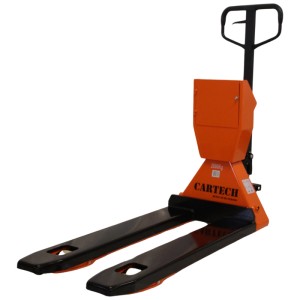 Transpallet Cartech con bilancia, tandem, 2000 kg, lunghezza forche 115 cm, arancione e nero.