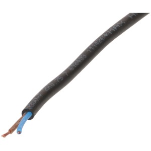 Câble noir TDLR H03VV-F 2X0,75 vendu au mètre, extrémité coupée avec fils de cuivre visibles.