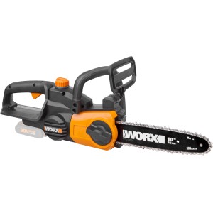 Tronçonneuse à batterie Worx WG322E.9 Solo, 20V, avec accents orange et guide de 25cm.