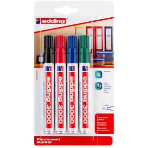 Edding Marqueurs permanents 3000, lot de 4 en noir, rouge, bleu et vert.
