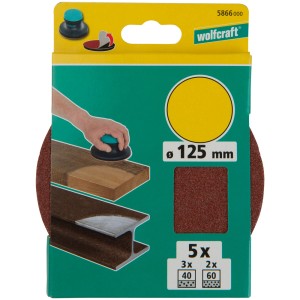 Dischi abrasivi autoadesivi Wolfcraft, grana 40/60, diametro 125mm, per legno, metallo e plastica.