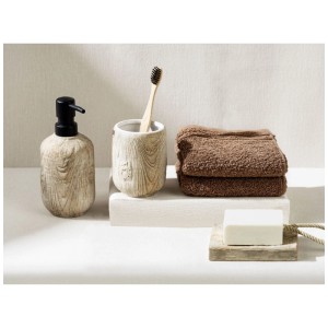 Portaspazzolino beige Wenko Florio in ceramica effetto legno con accessori bagno.