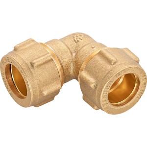 Raccordo a compressione a gomito in ottone, diametro 15 mm, per sistemi di tubazioni.