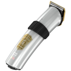 Tondeuse à cheveux Trisa Gold Cut en acier inoxydable, argentée avec des accents dorés.