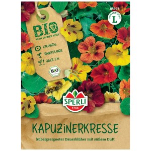 Sachet de graines de capucine bio Sperli avec des fleurs colorées jaunes, oranges et rouges.