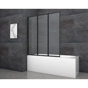 Paroi de baignoire Aurlane Black Star, 3 volets, avec cadre noir sur une baignoire blanche.