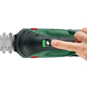 Cesoie per erba e arbusti a batteria Bosch AdvancedShear con batteria, dettaglio dell'indicatore della batteria.