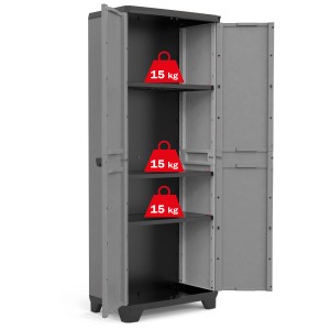 Armoire haute Keter Stilo, en plastique gris, avec portes ouvertes et trois étagères.
