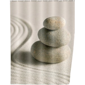Tenda doccia Wenko Sand & Stone, 200x180 cm, con motivo di pietre e linee di sabbia per il bagno.