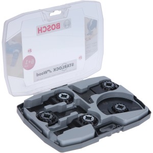Bosch Starlock Set Best of Wood 7 pièces, accessoires pour outils multifonctions dans une mallette ouverte.