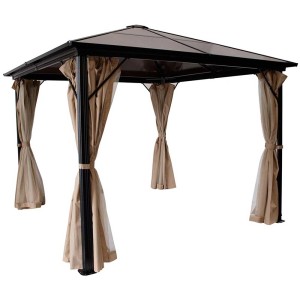 Gazebo hardtop taupe e nero con pannelli laterali e zanzariera.