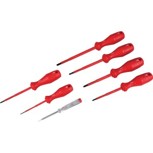 Jeu de tournevis VDE LUX, 7 pièces avec manches rouges et testeur de tension.