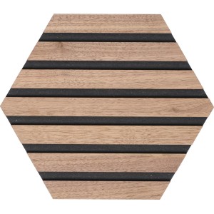 Panneau acoustique Denpanels Hexagone Noyer, 26,5 cm, lot de 3. Panneau décoratif avec lamelles en bois.