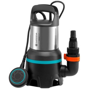 Pompe submersible eaux chargées Gardena 16000 l avec boîtier en acier inoxydable et interrupteur à flotteur.