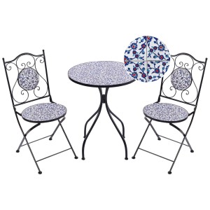 Set bistro Beliani Camprena in metallo nero con motivo a mosaico per balcone o patio.