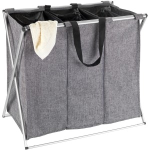 Cesto portabiancheria Wenko Trio, 130 l, grigio mélange, con 3 scomparti e maniglie.