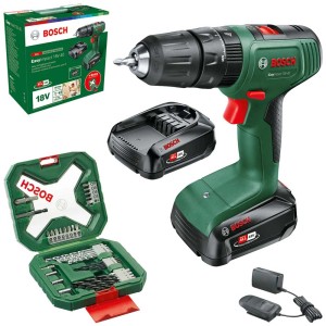 Trapano avvitatore a percussione a batteria Bosch EasyImpact 18V-40 con 2 batterie, caricabatterie e set di accessori.