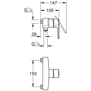 Disegno tecnico: Miscelatore monocomando per doccia Grohe Start, cromo, interasse 153mm, dimensioni e connessioni.