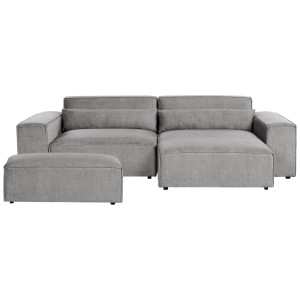 Canapé d'angle en tissu gris Beliani Hellnar avec pouf et coussins.