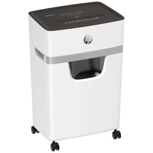Weißer HP OneShred 15CC Aktenvernichter auf Rollen mit dunklem Deckel und Sichtfenster, P-4 Sicherheitsstufe.