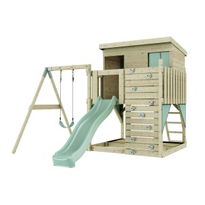 Torre gioco PolarPlay Tjorven con altalena e scivolo, verde menta. Torre gioco in legno con parete da arrampicata.