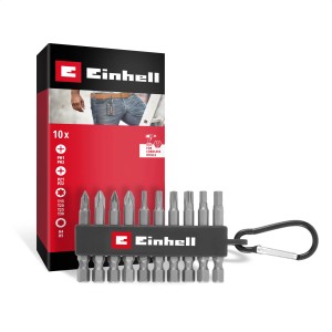 Einhell jeu de forets, 10 pièces avec mousqueton. Embouts avec profils PH, PZ, TX et HEX au format de poche.