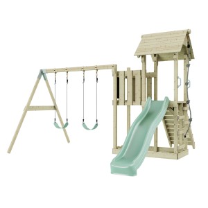 Balancelle enfant PolarPlay Uppsala vert menthe avec toboggan et tour d'escalade en bois.
