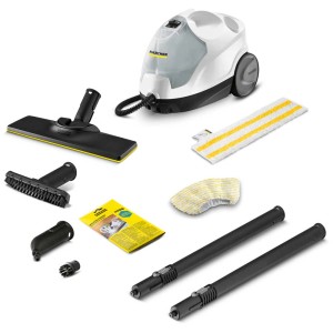 Nettoyeur vapeur Kärcher SC 4 EasyFix (2000 W) avec accessoires tels que buses, brosses et chiffons pour sols.