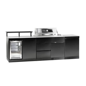 Cuisine d'extérieur Buschbeck Bradford en acier inoxydable noir et plateau en marbre blanc, réfrigérateur inclus.