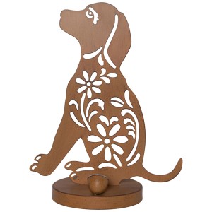 Lampe solaire chien en métal rouille, 33 cm de haut, avec découpes florales. Luminaire décoratif de jardin.