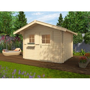Casetta da giardino in legno Weka Brescia non trattata con tetto a due falde, 250x320 cm, in giardino.