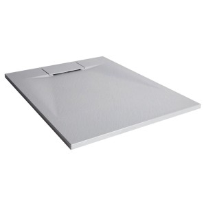 Receveur de douche gris en plastique SMC aspect pierre, plat, avec surface texturée et bonde latérale.