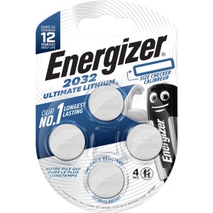 Energizer CR2032 Ultimate Litio, confezione da 4. Batterie a bottone a lunga durata per dispositivi elettronici.