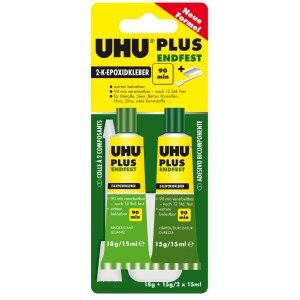 UHU Plus Endfest adesivo epossidico bicomponente, confezione da 33g con due tubi di adesivo e indurente.