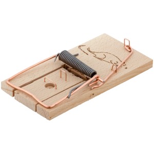 Trappola per topi in legno con archetto in filo metallico e molla, trappola a scatto classica per interni ed esterni.