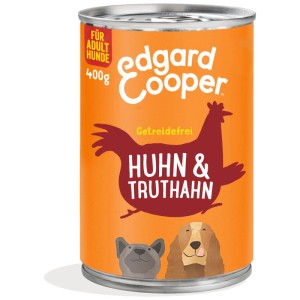 Lattina arancione Edgard & Cooper cibo umido per cani 400g, pollo e tacchino, senza cereali, con volti di cani.