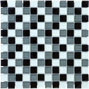 Tapis de carreaux de mosaïque en verre noir, gris et blanc, 30x30 cm. Idéal pour les salles de bains et les cuisines.