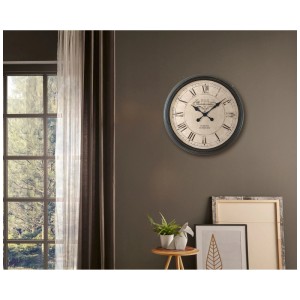 Orologio da parete vintage Globo, cornice in plastica nera, Ø 58 cm, con numeri romani.