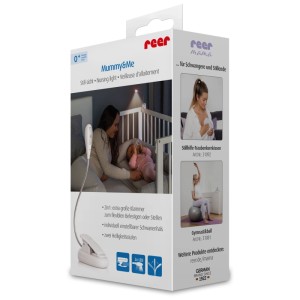 Verpackung des Reer LED Still-Lichts Mummy&Me Weiss mit Anwendungsbeispielen.