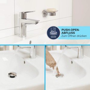 Mitigeur de lavabo Grohe Start S-Size avec garniture de vidage Push-open dans une salle de bain moderne.