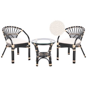 Set bistro Beliani Pecorini, rattan nero, cuscini inclusi. Set mobili da balcone con tavolo e 2 sedie.