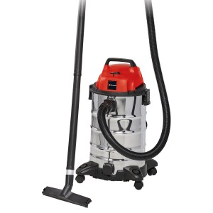 Einhell TC-VC 1930 S aspirateur eau et poussière avec cuve en acier inoxydable, tuyau d'aspiration et buse.