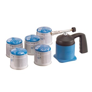 Lampe à souder avec 5 cartouches : Lampe à souder bleue avec poignée noire et cinq cartouches de gaz.