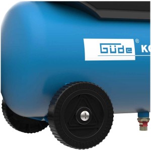 Compresseur monocylindre bleu Güde 190/08/24, sans huile, avec roues et logo.