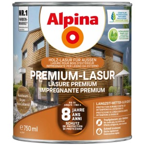 Boîte de lasure Alpina Premium DIF Noyer 750ml pour bois, protection longue durée contre les intempéries et les UV.