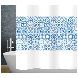 Tenda doccia in tessuto Diaqua Malika, 180x180 cm, motivo blu e bianco in bagno.