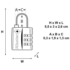 Abbildung des Master Lock TSA Zahlen-Vorhängeschlosses (3-stellig, vernickelt, 30 mm breit) mit Maßangaben.