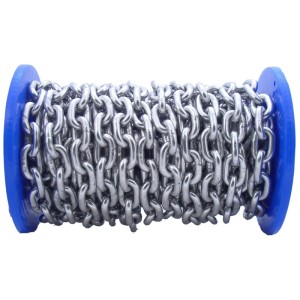 Catena in acciaio tondo da 8 mm al metro su bobina blu, adatta per la nautica.