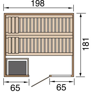 Plan de la sauna en bois massif Weka Bergen 1.8 avec dimensions : 198x181x65 cm.